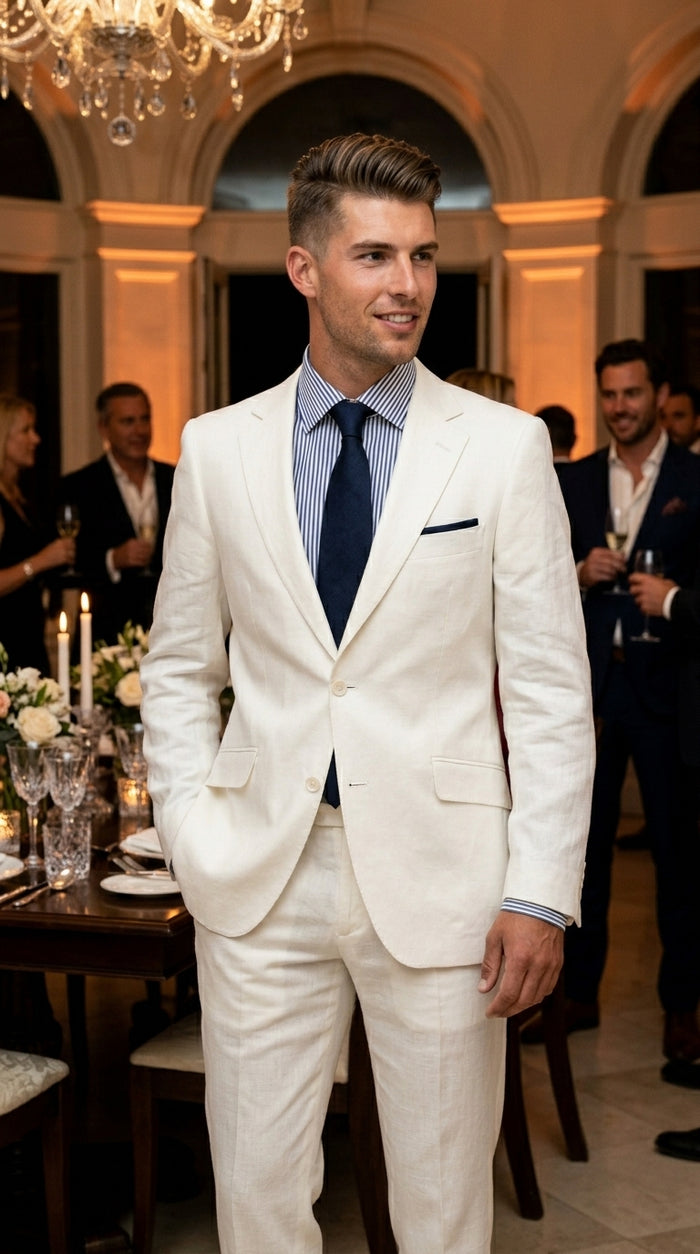 Men’s White Lightweight Linen 2 Button Suit, Formal Wedding Beach Summer Suit Set Modern Fit