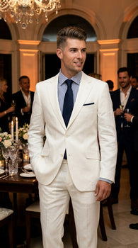 Men’s White Lightweight Linen 2 Button Suit, Formal Wedding Beach Summer Suit Set
