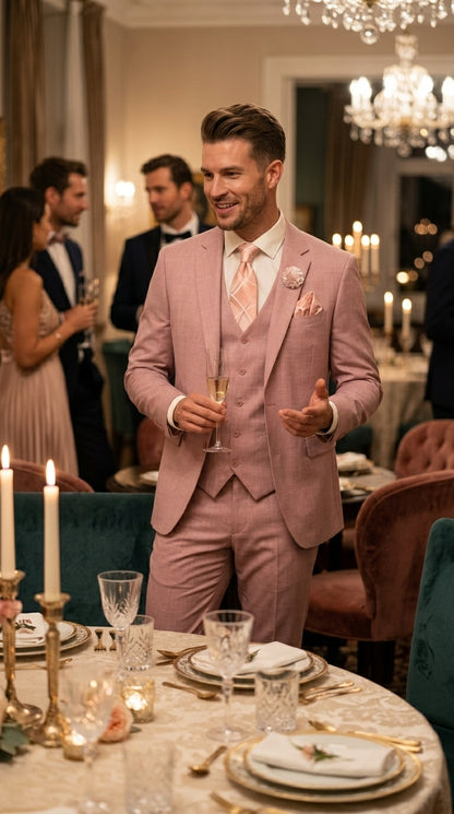 Men’s Mauve Rose Gold Light Pink 3 Piece Wedding Suit, Formal Vested Groom Prom Suit Set