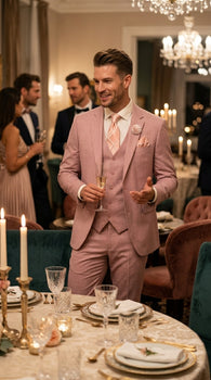 Men’s Mauve Rose Gold Light Pink 3 Piece Wedding Suit, Formal Vested Groom Prom Suit Set