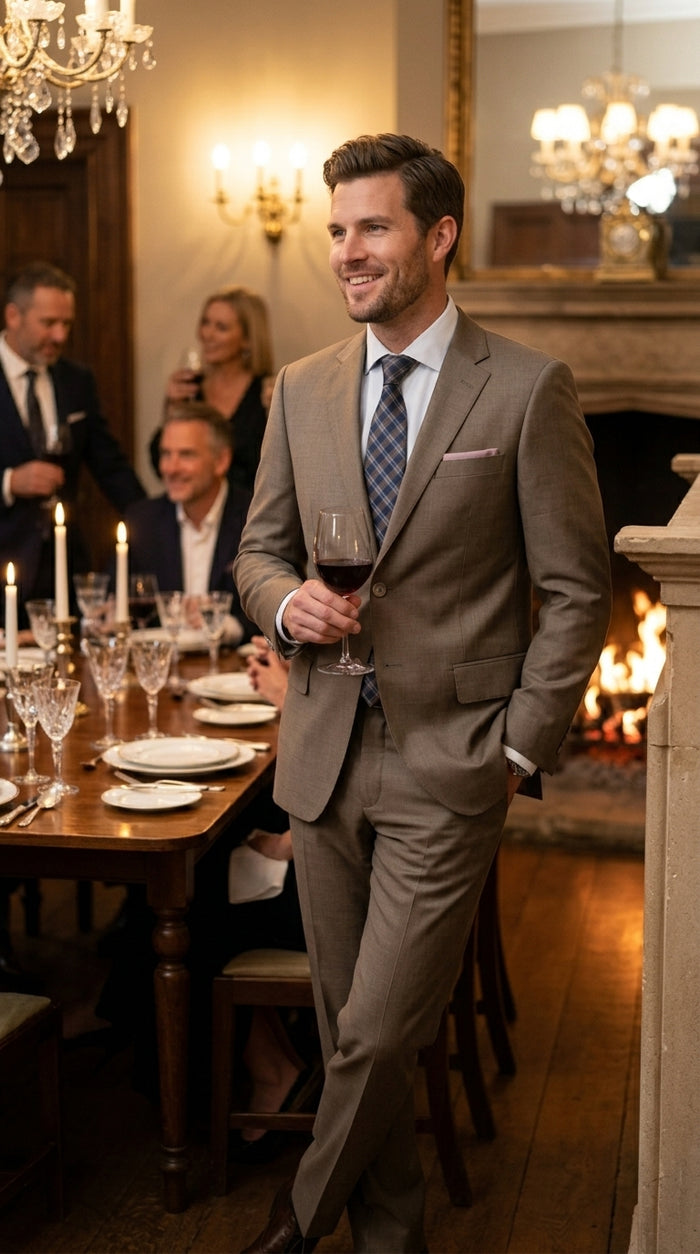 Men’s Taupe 2 Button Suit, Classic Business Wedding Church Formal Dress Suit Set