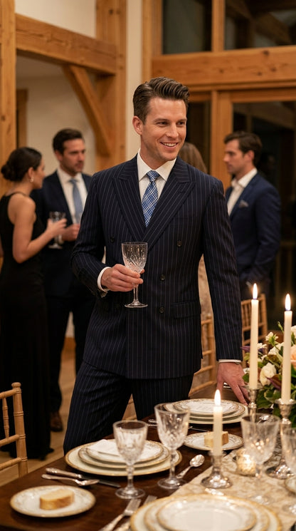 Men’s Dark Navy Blue Pinstripe Double Breasted Suit, Formal Business Wedding Dress Suit Set