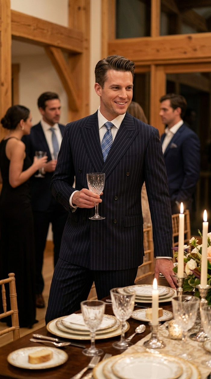 Men’s Dark Navy Blue Pinstripe Double Breasted Suit, Formal Business Wedding Dress Suit Set