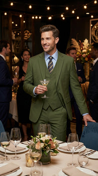 Men’s Olive Vested Suit, Classic Fit 3 Piece Flat Front Formal Wedding Business Suit Set