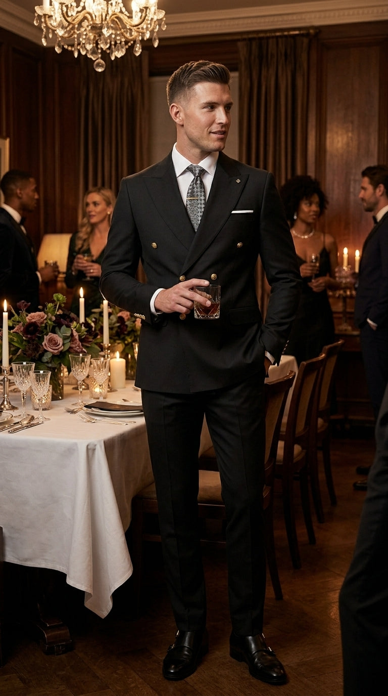 Men’s Black Double Breasted Wool Suit with Gold Buttons, Designer Formal Wedding Business Suit Set Modern Fit