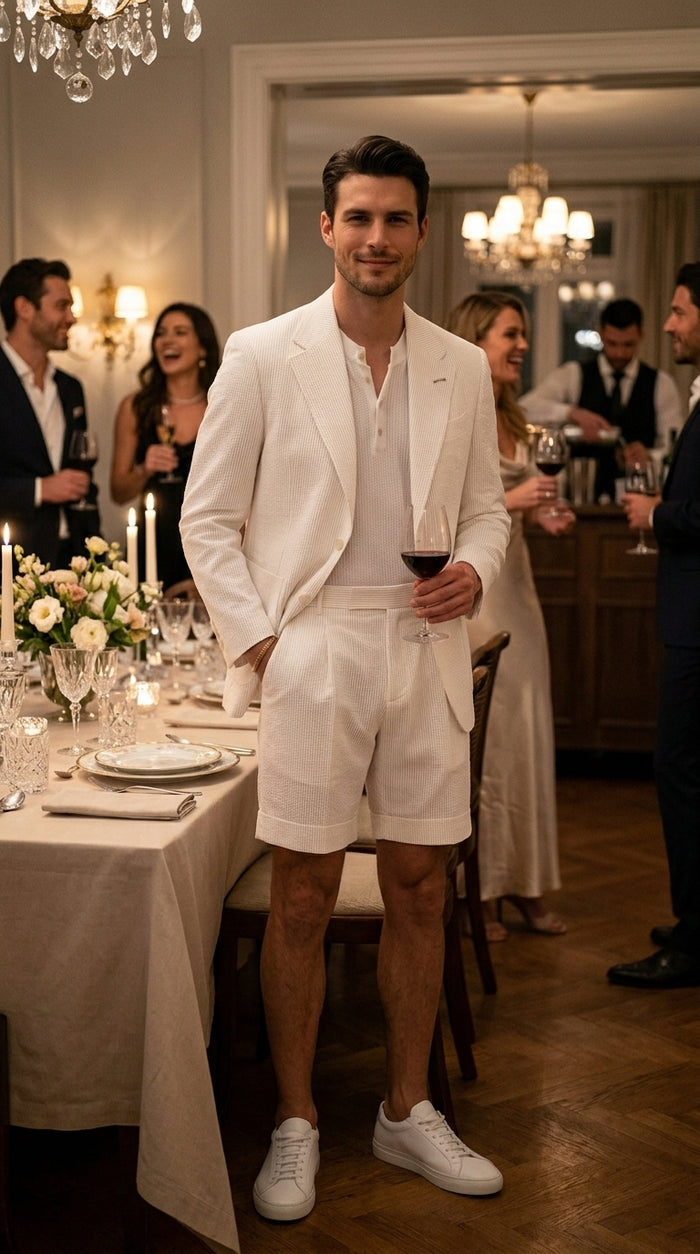 Men’s White Seersucker Suit with Shorts, Summer Wedding Beach Casual Mini Pinstripe Suit Set Modern Fit