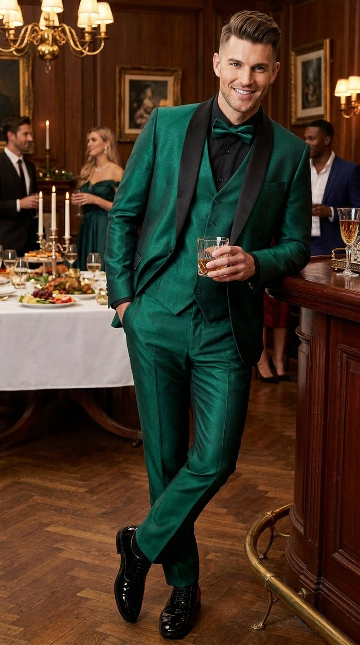 Men’s Emerald Green 3 Piece Tuxedo with Black Satin Shawl Lapel and Matching Vest