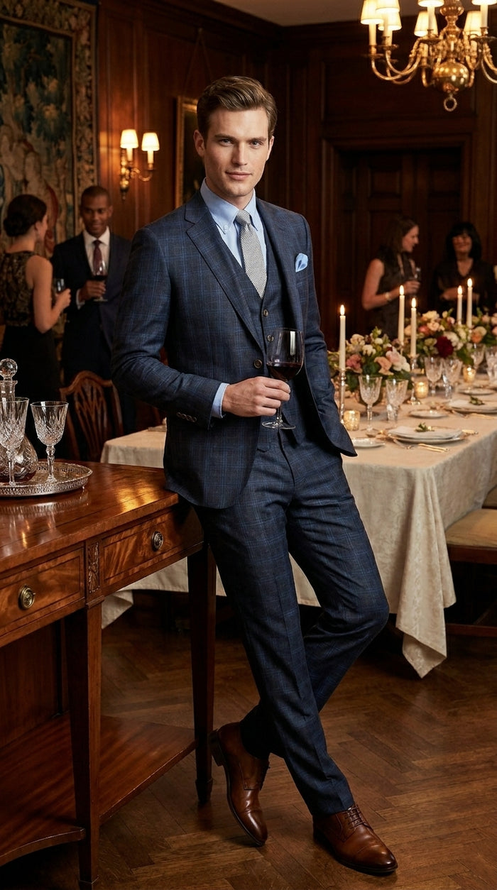 Men’s Charcoal Grey and Blue Plaid 3 Piece Vested Suit, Formal Wedding Business Dress Suit Set