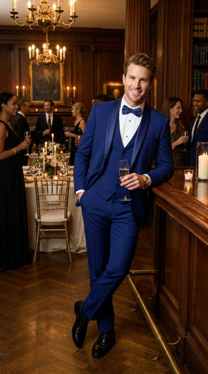 Men’s Bright Sapphire Blue 1 Button Shawl Lapel Vested Tuxedo, Formal Wedding Prom Dinner Suit Set