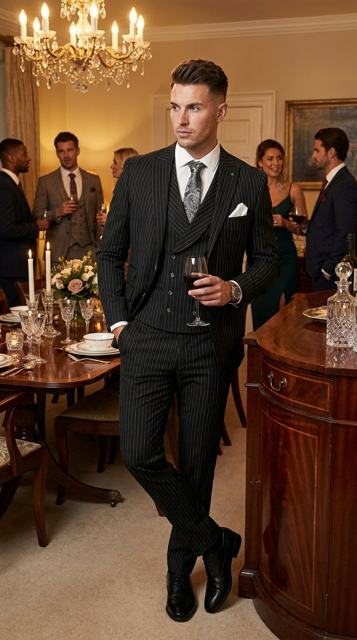 Mens Italian Wool Suit Color Black - Men's Designer Wool Pleated Pant Vested Black Gangster Pinstripe Suit