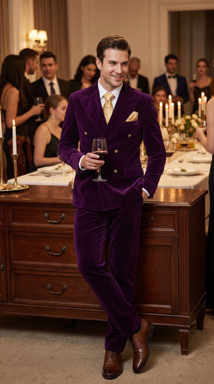 Men’s Rossi Man Zeus Purple Velvet Double Breasted Tuxedo Suit, Formal Wedding Prom Dinner Suit Set