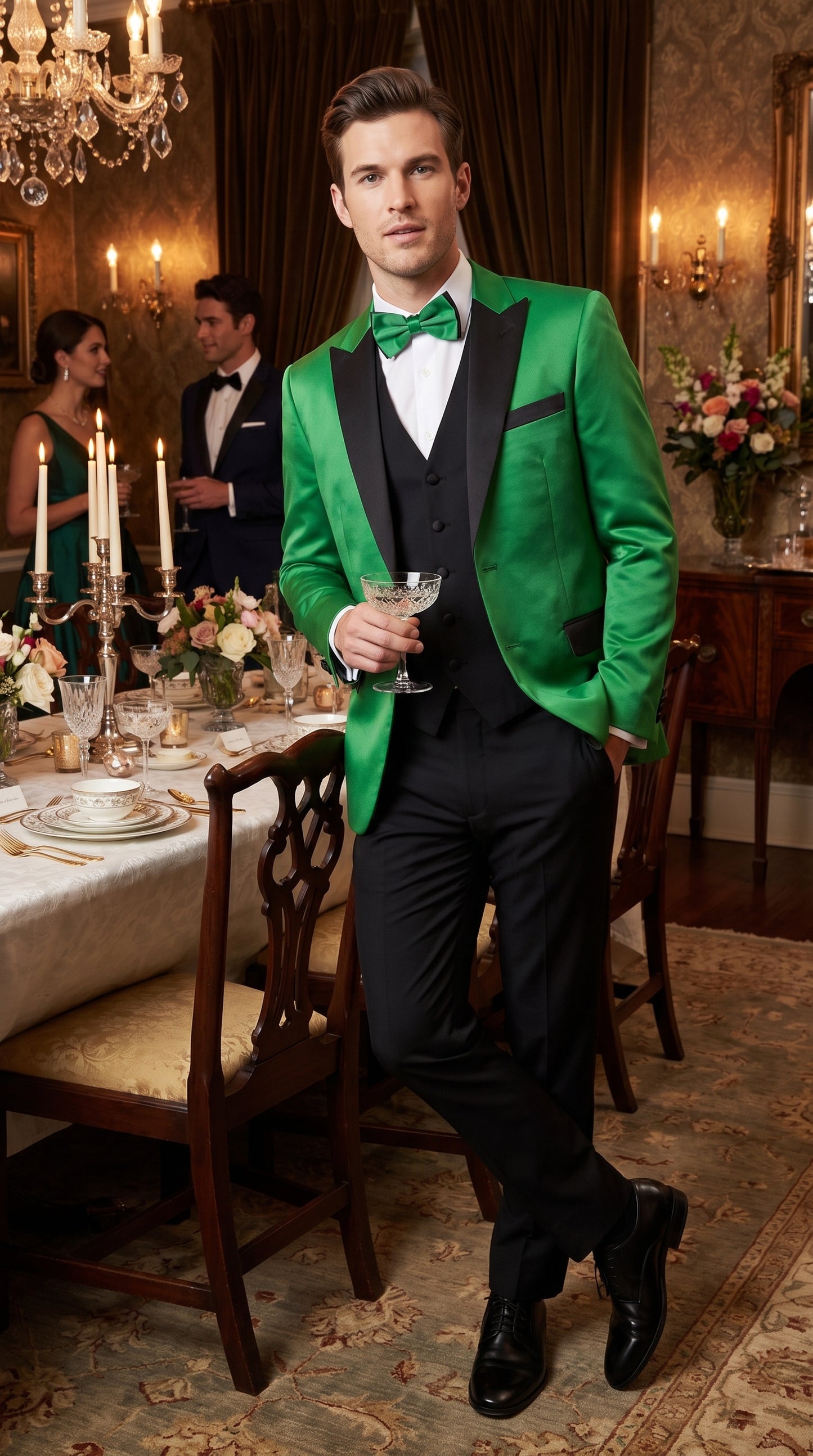 Men’s Emerald Green Tuxedo with Black Shawl Lapel, Black Vest and Pants – Formal 3 Piece Prom Wedding Suit