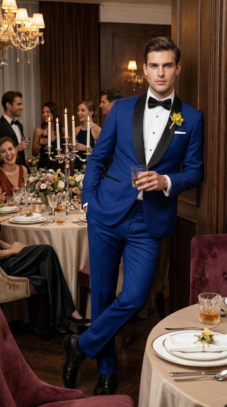 Men’s Royal Blue Tuxedo Dress Suit with Black Shawl Lapel, Formal Wedding Prom Suit