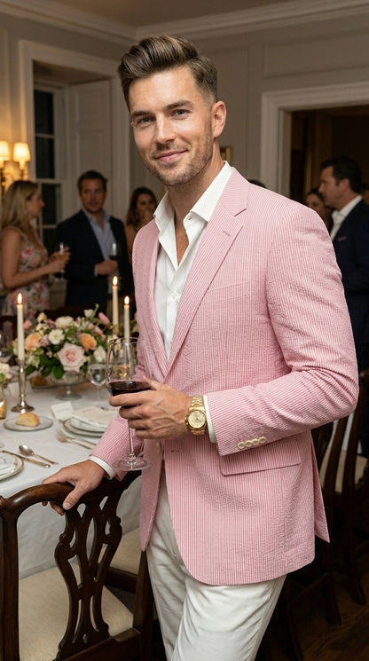 Men’s Light Red Seersucker Blazer Jacket with Notch Lapel, Dress Casual Sport Coat