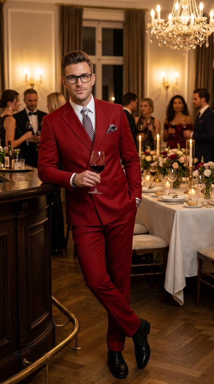 Men’s Modern Double Breasted Peak Lapel Suit – Red by EJ Samuel