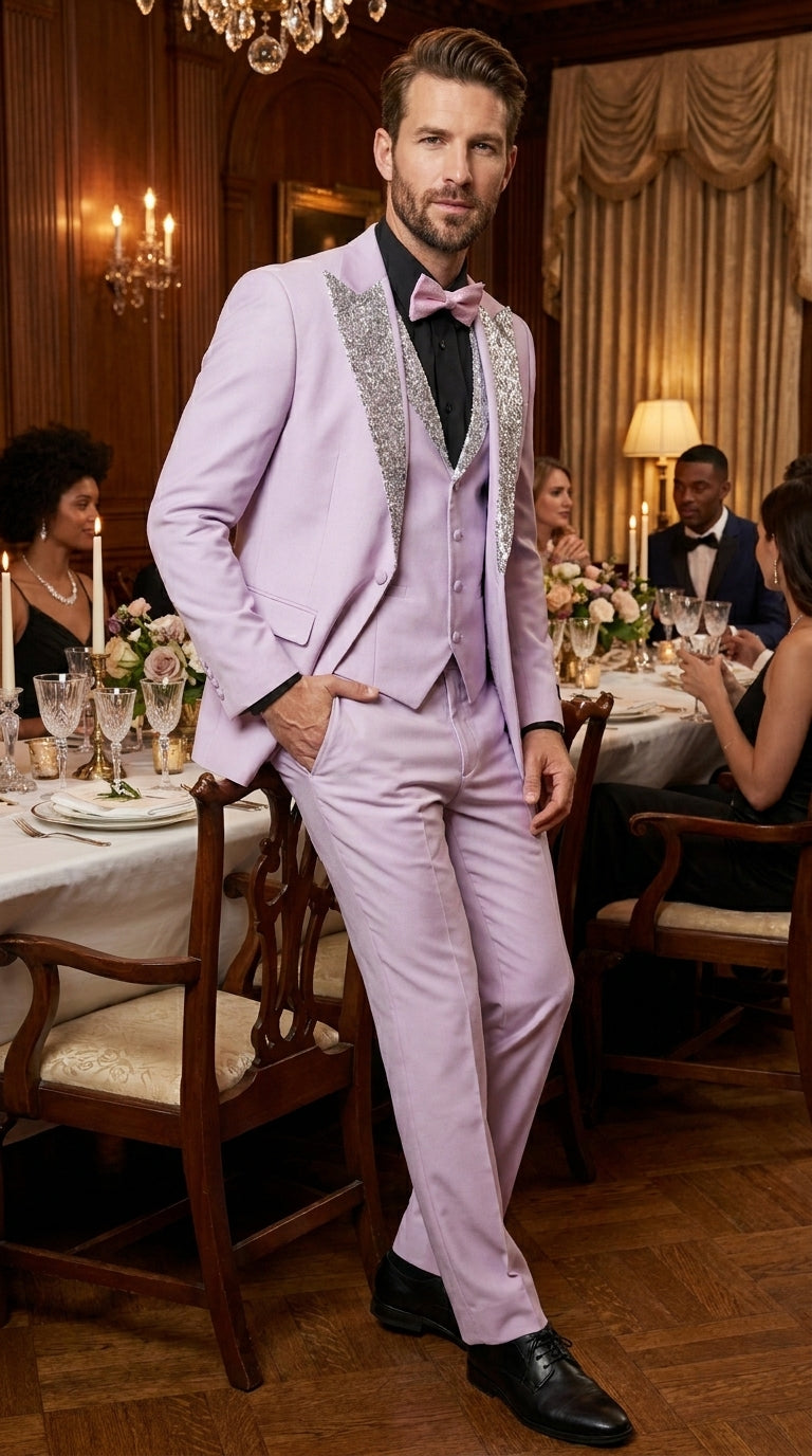 Gray and Pink Prom Tuxedo - Perfect Wedding Suit Vested rhinestone sequin Lapelled