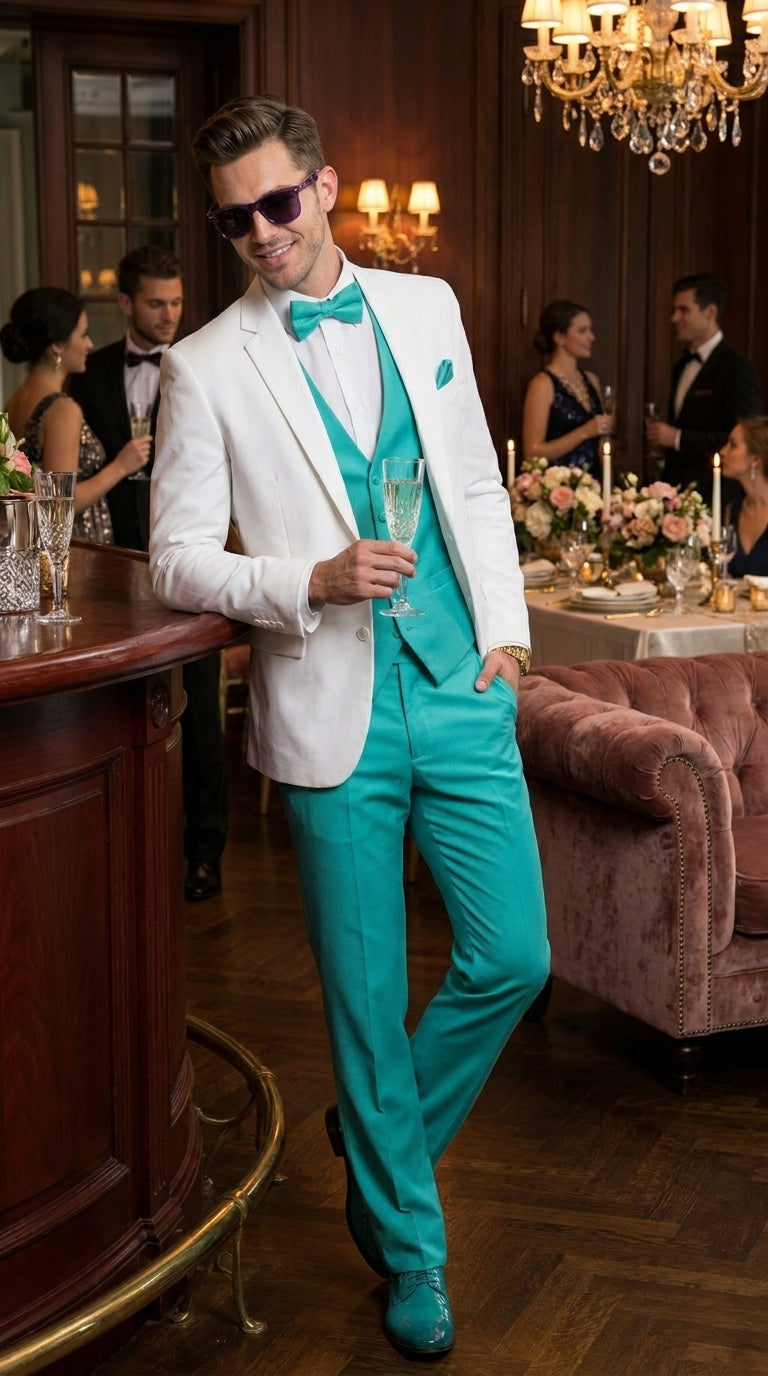 White and Turquoise Tuxedo Wedding Suit - White Dinner Jacket + Vest + Pants + Bow-tie