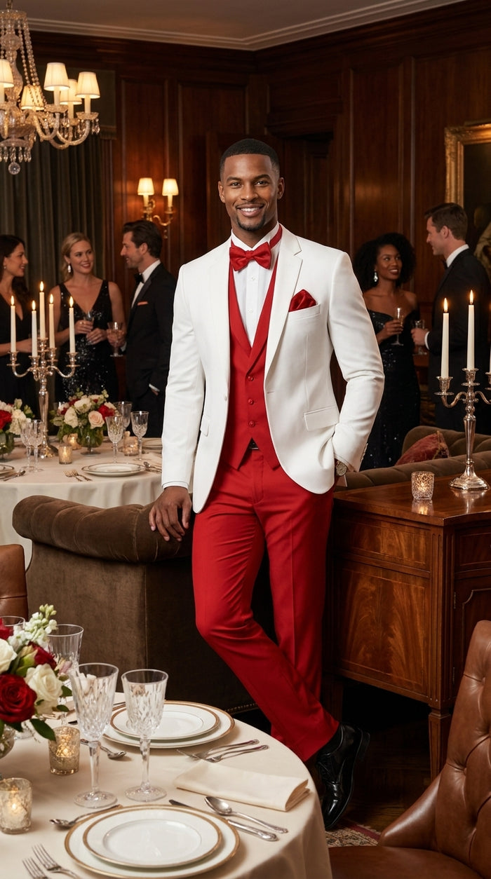 White and Red Tuxedo Wedding Suit - White Dinner Jacket + Vest + Pants + Bow-tie