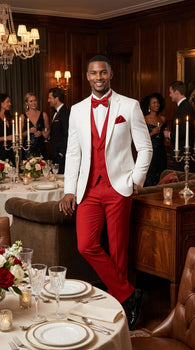 White and Red Tuxedo Wedding Suit - White Dinner Jacket + Vest + Pants + Bow-tie
