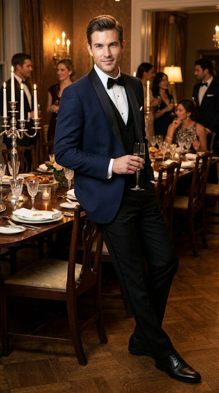 Suit Midnight Dark Navy Blue Suit For Men Tux With Black Lapel Suit Shawl Collar 1 Button Dinner Jacket Looking