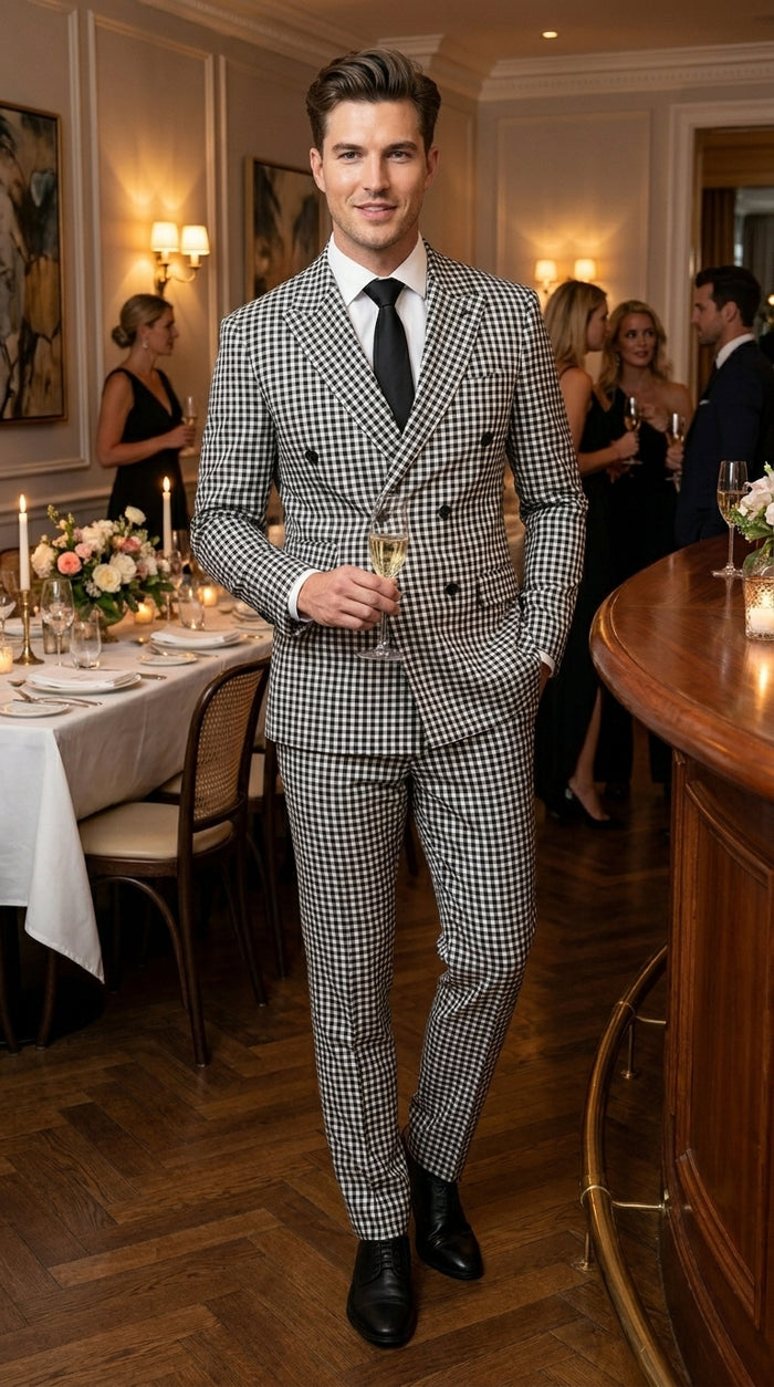 Men’s Black and White Houndstooth 2 Piece Wool Suit with Double Breasted Jacket and Pants  Modern Fit