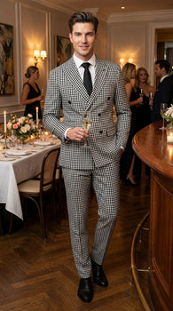 Men’s Black and White Houndstooth 2 Piece Wool Suit with Double Breasted Jacket and Pants