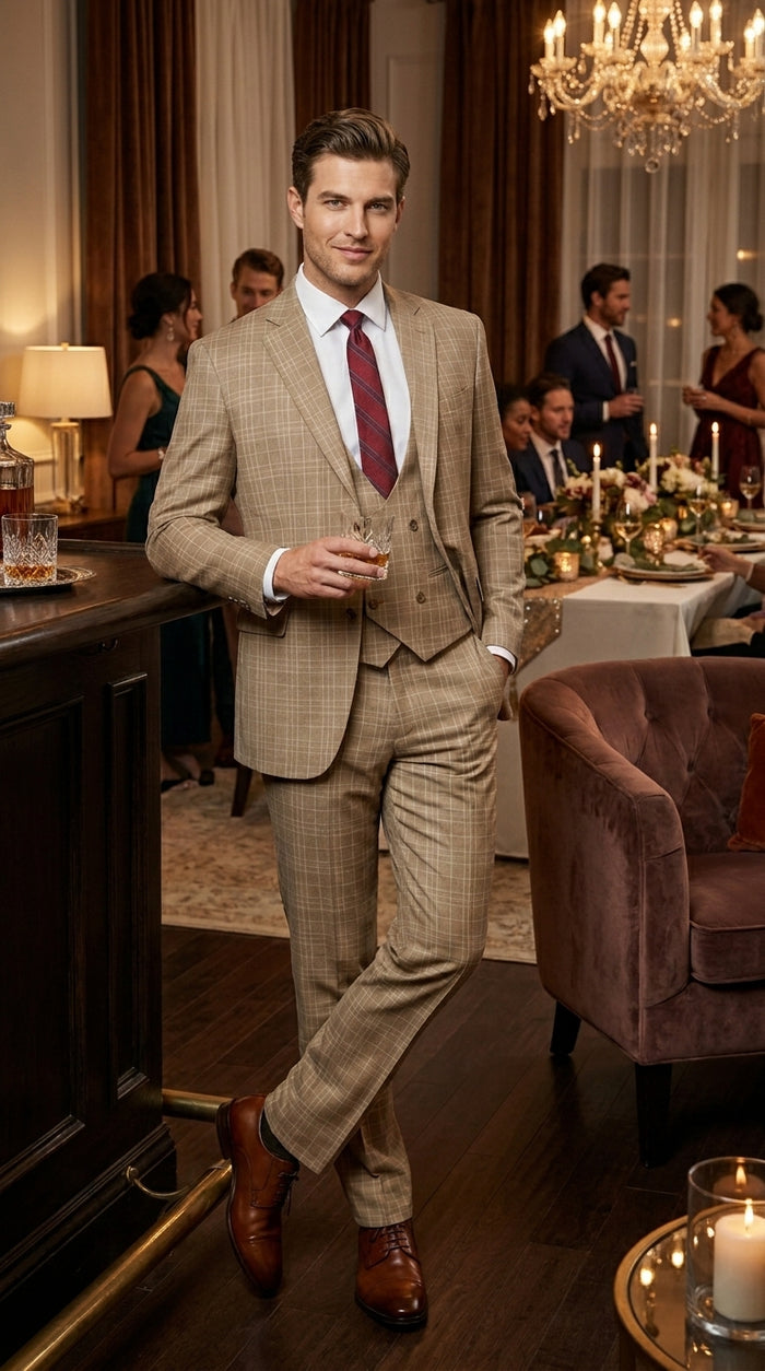 Men’s Renaissance Collection Camel 3 Piece Suit with Jacket, Vest and Pants, Formal Wedding Dress Suit Modern Fit