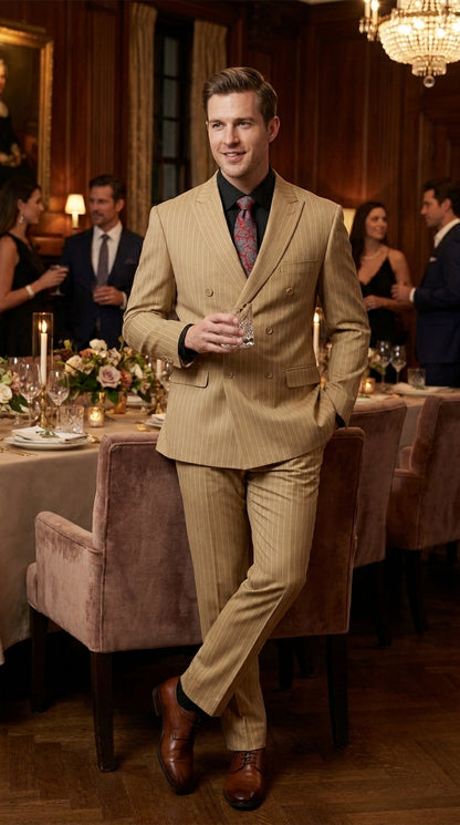 Mens Double Breasted Gangster Bold Pinstripe Suit in Camel