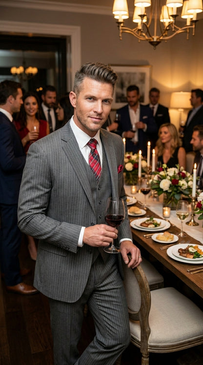 Men’s Medium Grey Classic Vested Pinstripe Suit with Jacket, Vest and Pants, Formal Dress Suit