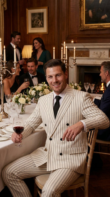 Men’s Off White Double Breasted Pinstripe Suit with Jacket and Pants, Formal Wedding Dress Suit