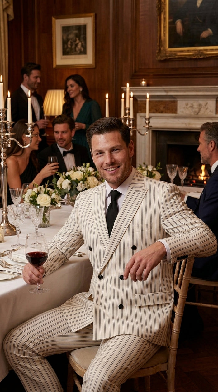 Men’s Off White Double Breasted Pinstripe Suit with Jacket and Pants, Formal Wedding Dress Suit