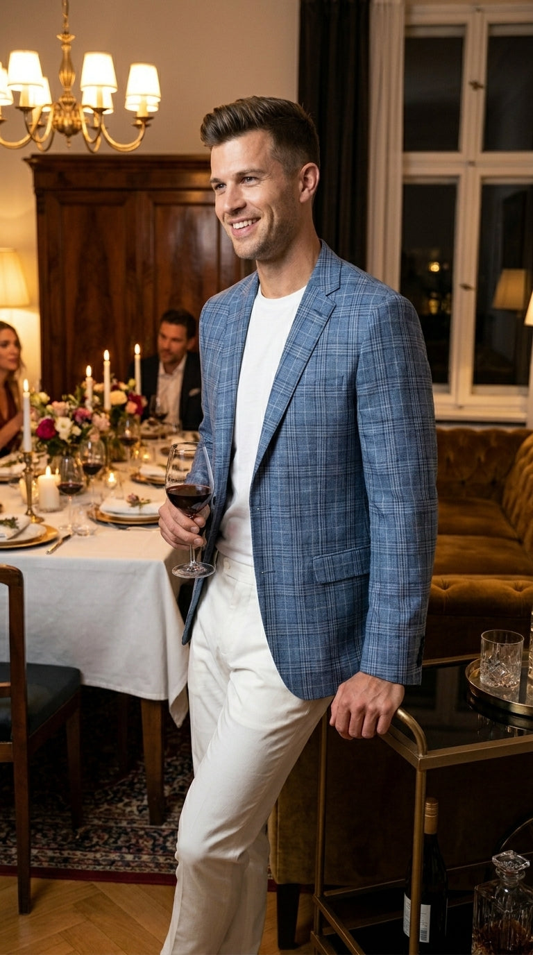 Men’s Blue Plaid Windowpane Blazer, Textured Pattern Sport Coat for Weddings, Parties, Business Casual, and Special Occasions