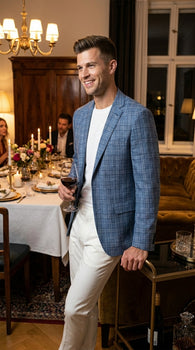 Men’s Blue Plaid Windowpane Blazer, Textured Pattern Sport Coat for Weddings, Parties, Business Casual, and Special Occasions