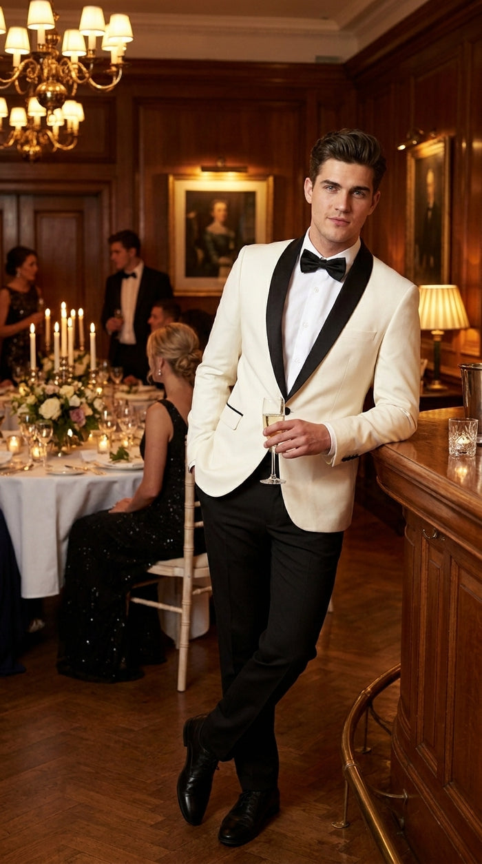 Men’s Ivory Cream Dinner Jacket Tuxedo with Black Shawl Lapel, White Blazer and Black Trouser Formal Suit for Weddings, Prom, Parties, and Special Occasions