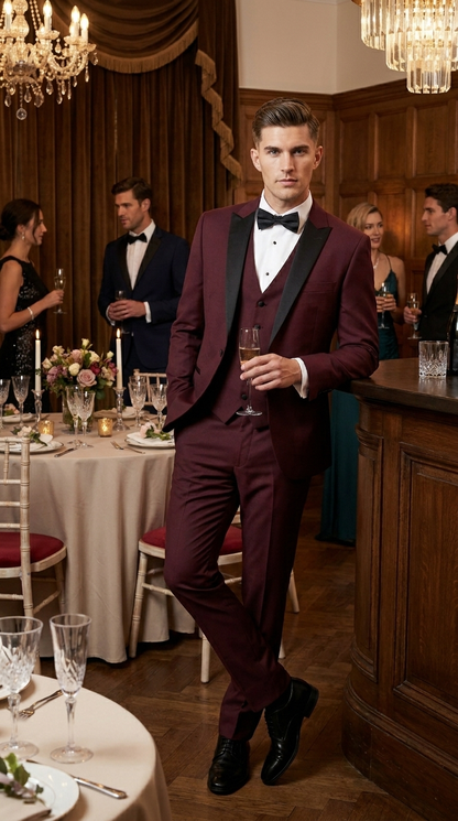 Men’s Burgundy Wine Tuxedo Suit with Black Peak Lapel, Jacket and Pants Formal Dinner Suit