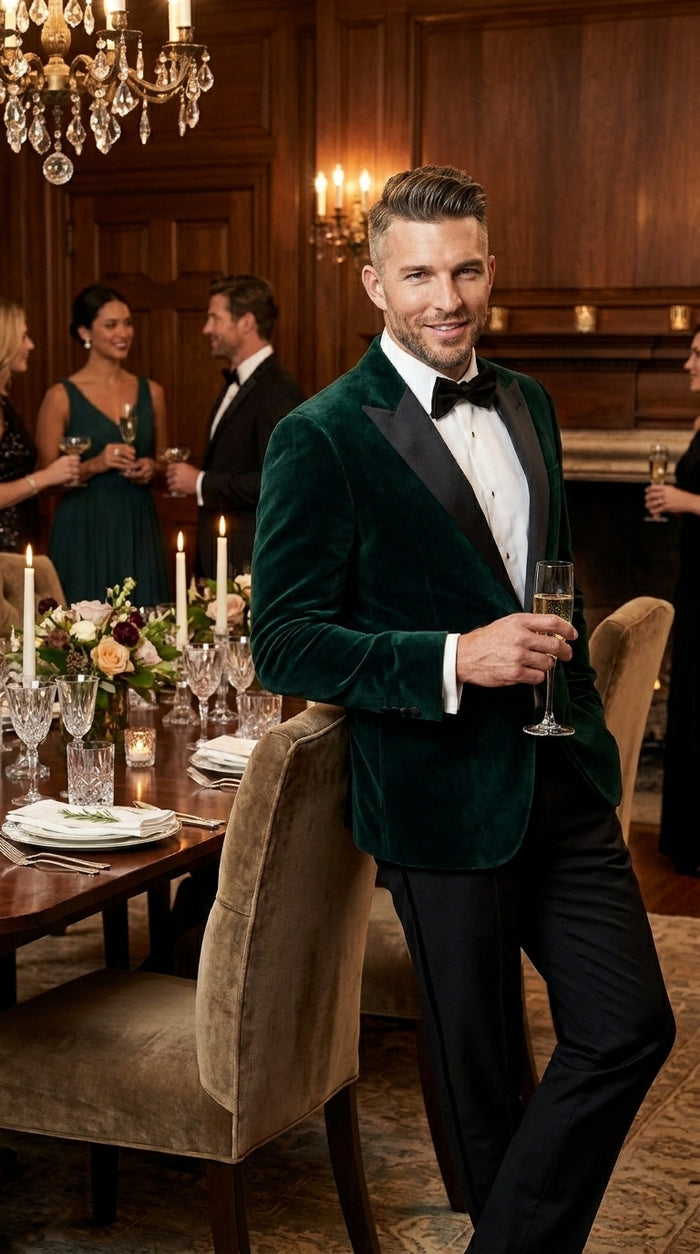 Men’s Olive Hunter Green Velvet Tuxedo Jacket with Black Satin Lapel, Formal Wedding Dinner Blazer