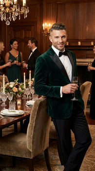 Men’s Olive Hunter Green Velvet Tuxedo Jacket with Black Satin Lapel, Formal Wedding Dinner Blazer
