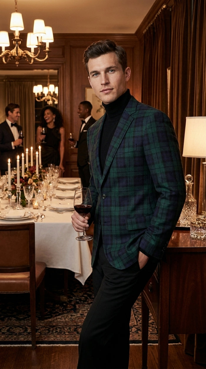 Men’s Green Tartan Plaid Dinner Jacket with Notch Lapel, Formal Sportcoat Blazer
