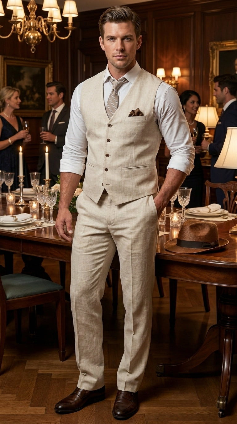 Men’s Beige Groomsmen Summer Vest and Pants Set, Beach Wedding Prom Formal Outfit