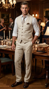 Men’s Beige Groomsmen Summer Vest and Pants Set, Beach Wedding Prom Formal Outfit