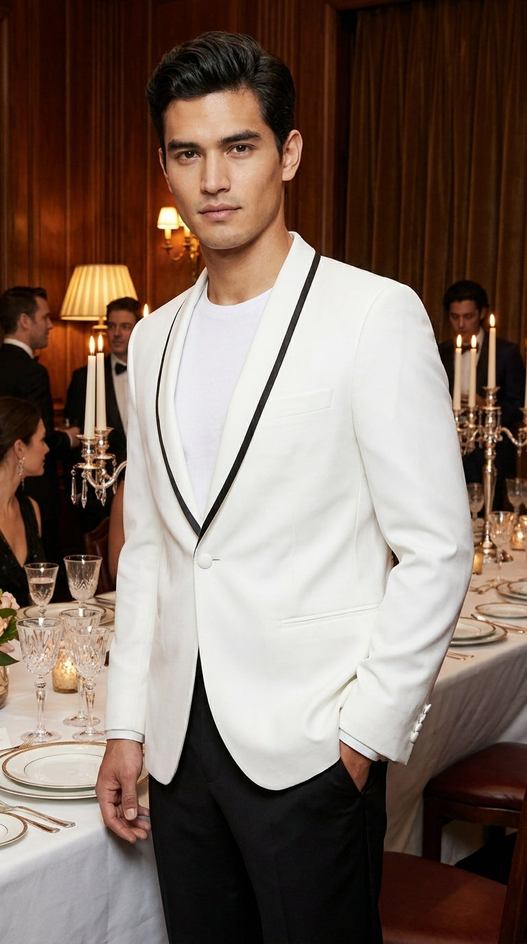 Men’s Waverly White Tuxedo Jacket by Ike Evening, Formal Dinner Jacket with Black Trim