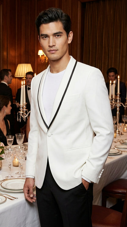 Men’s Waverly White Tuxedo Jacket by Ike Evening, Formal Dinner Jacket with Black Trim