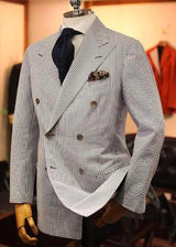 Double Breasted Blue Seersucker Blazer - Summer Sport Coat