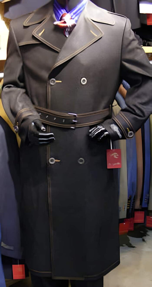 Double Breasted Denim Ankle length Coat Dress Coat Priced Available In Big & Tall Sizes with a Belt Dark color black men's Overcoat