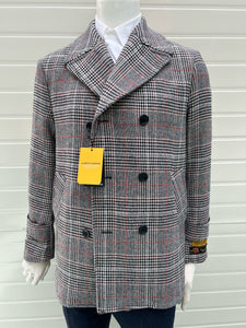Mens Double-Breasted Houndstooth Plaid Overcoat in Black, White, and Red