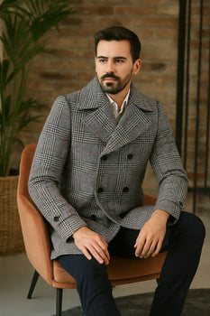 Mens Double-Breasted Houndstooth Plaid Overcoat in Black, White, and Red - Image 3