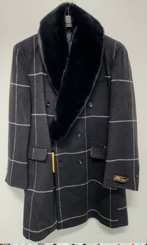 Mens Black Windowpane Wool Overcoat with Faux Fur Shawl Collar – Double-Breasted Long Coat - Image 3