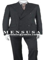 Double Breasted Pinstripe Suits - Charcoal Gray Pinstripe Color Wool Fabric - Business Suis - Flat Front Pants - Modern Fit - Side Vent