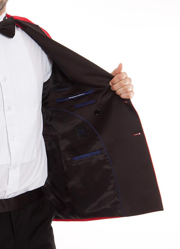 Mens 2 Buttton Slim Contrast Peak Lapel Tuxedo in Red