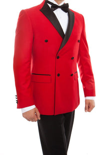 Double Breasted Slim Fit Tuxedos Red with Black Satin Peak Lapel